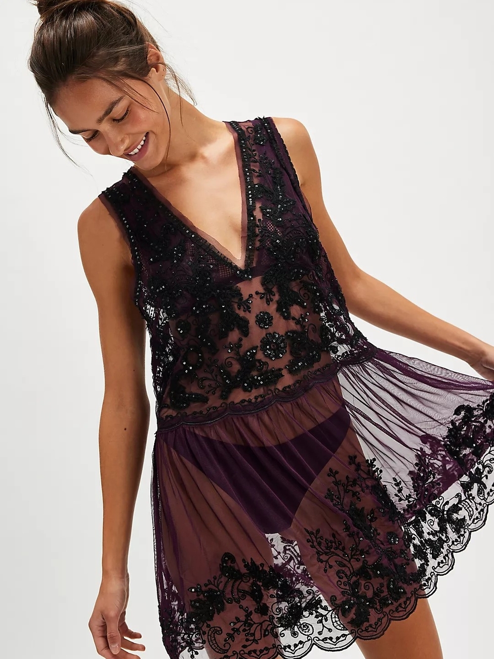 Free People Downtown Darling Embroidered Sheer V-Neck Slip